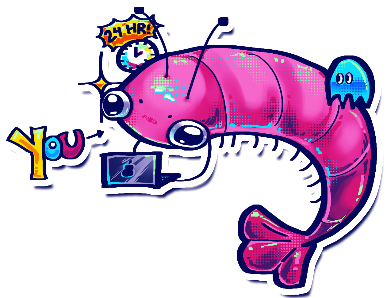 Lio Shrimp Mascot On Laptop